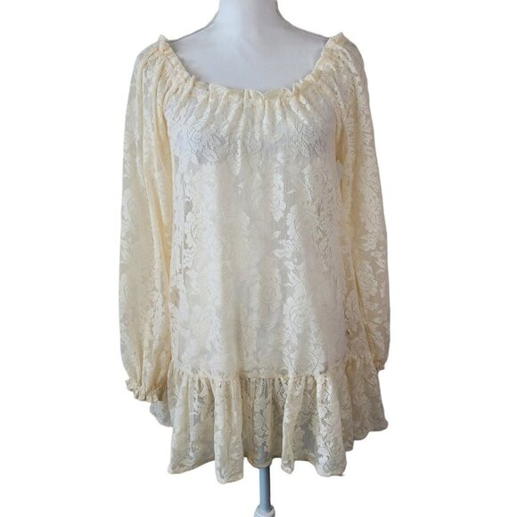 Steve Madden Lace Tunic Top Blouse Cream Sz Small Sheer See Through Peplum Hem - Picture 2 of 8